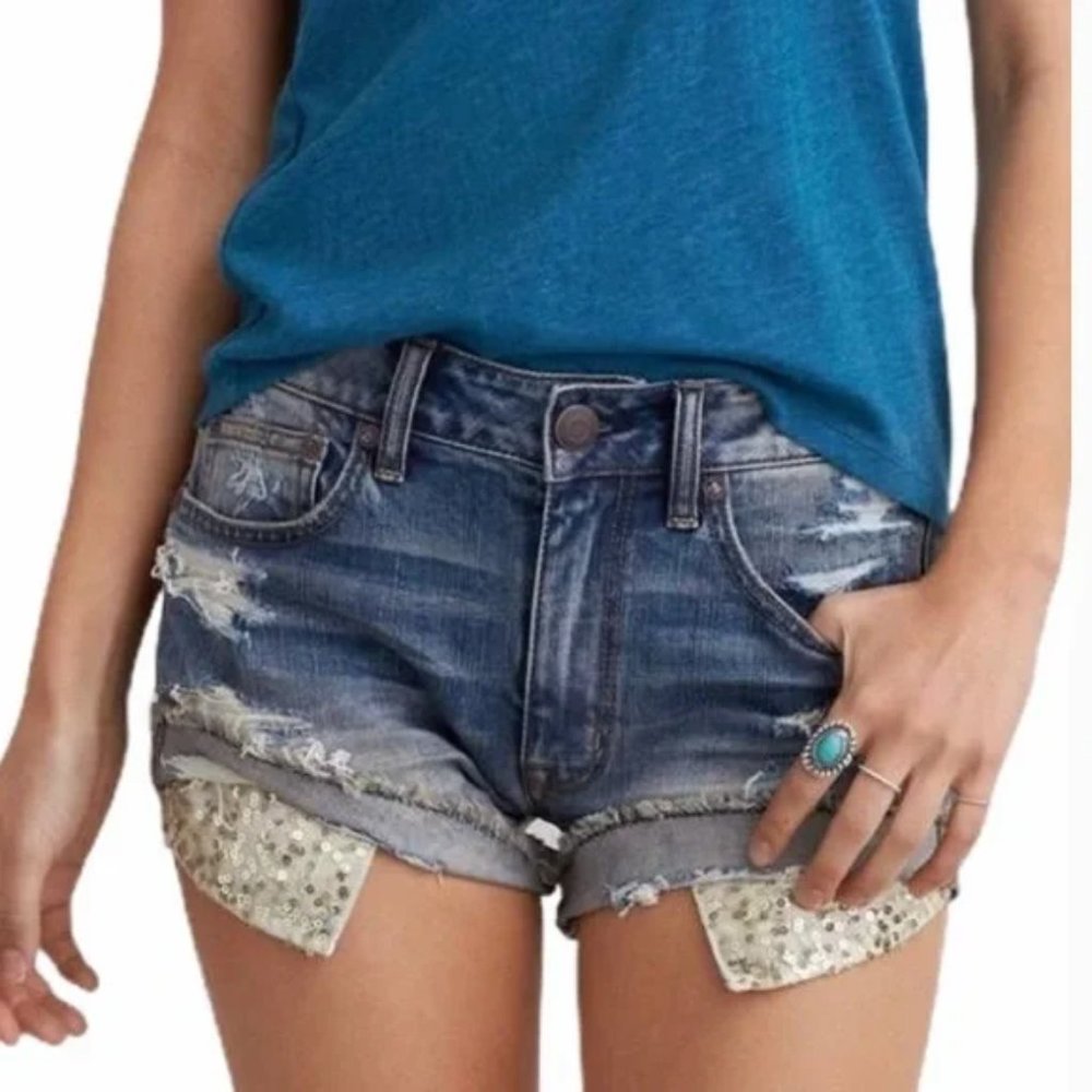 American Eagle Hi Rise Festival Distressed Sequins Blue Denim Jean Short Shorts